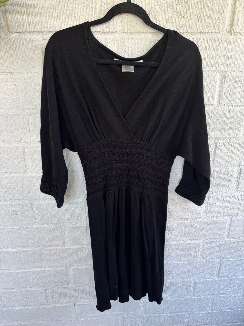 Max Studio Knit Black V-Neck Long Sleeve Smocked-Waist Dress sz M